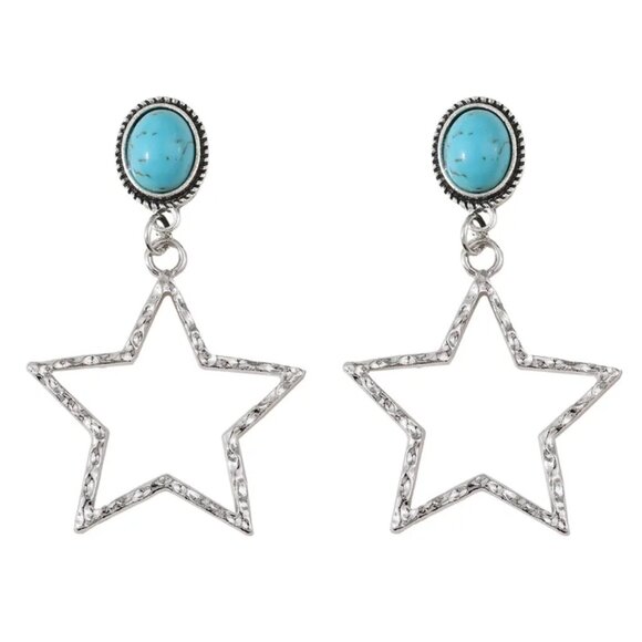 NEW Texas Hammered Silver Lone Star and Turquoise Stone Drop Earrings - Picture 4 of 5